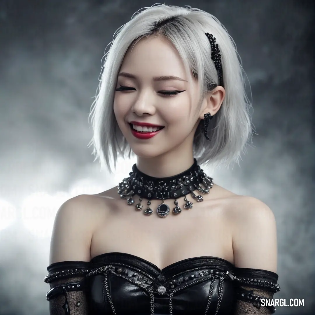 A chic woman with short white hair showcases her stylish black dress and pearl-adorned choker necklace in a trendy setting. The warm tones of CMYK 0,3,9,0 accentuate her fashionable look, creating a lively ambience.