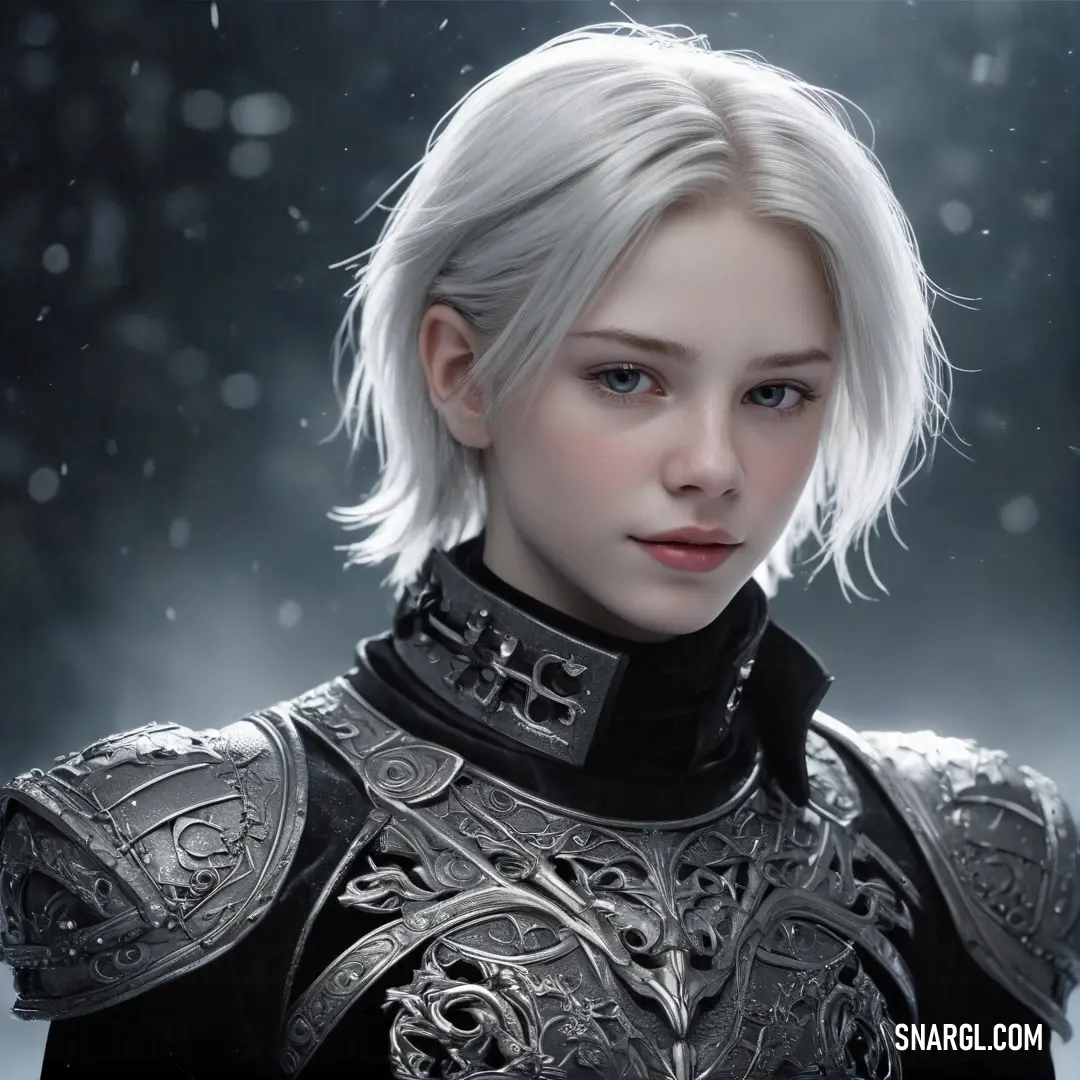 A woman with stunning white hair captures attention in a black ensemble complemented by a shimmering silver collared shirt and a striking silver chain. The soft cosmic latte color sets a serene yet bold tone in the frame.