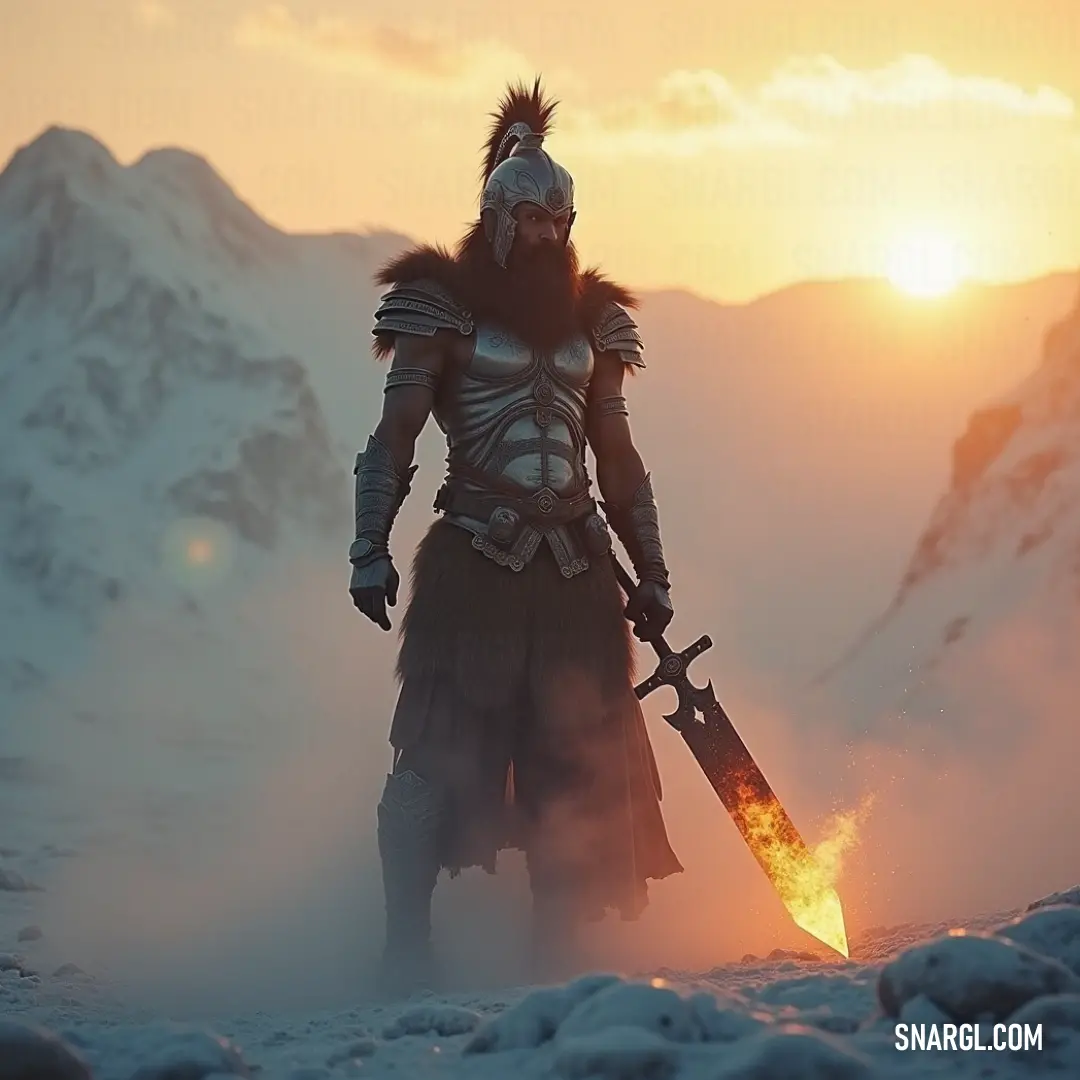 The Cosmic Sage, adorned in an exquisite costume, holds a gleaming sword at sunset, with majestic mountains painting the background, embodying the spirit of a warrior forged by the elements.