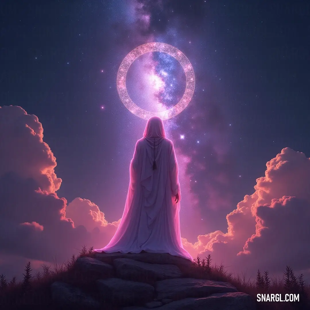 A serene Cosmic Sage stands on a hill beneath an expansive sky, embodying tranquility as dusk paints the horizon. The Cosmic Sage stands confidently on a gentle hilltop, bathed in the warm glow of the sky. The vibrant colors of dusk create a majestic backdrop, symbolizing hope and vast potential in the horizon ahead.