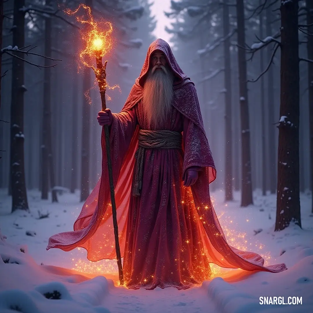 The Wizard, illuminated by the glow of his staff, thrives amid the snowy forest, conjuring a magical aura that rekindles warmth and wonder in the winter's embrace. In a snowy forest, a mystical Wizard with a glowing staff emanates light, his presence transforming the serene landscape into a scene of wonder and magic as he stands ready to wield his powers against the cold.