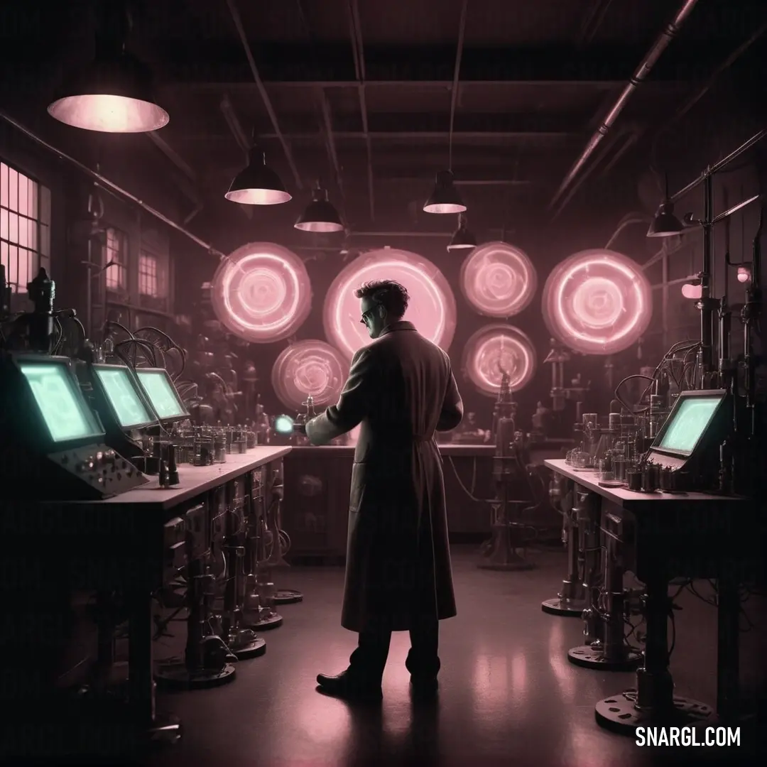 Man in a lab looking at a lot of lights in the dark room with a coat on. Color #FFBCD9.
