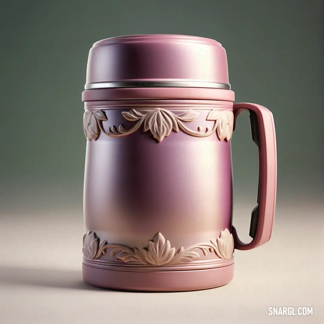 Pink coffee mug with a handle and a flower decoration on the outside of it. Example of CMYK 0,26,15,0 color.