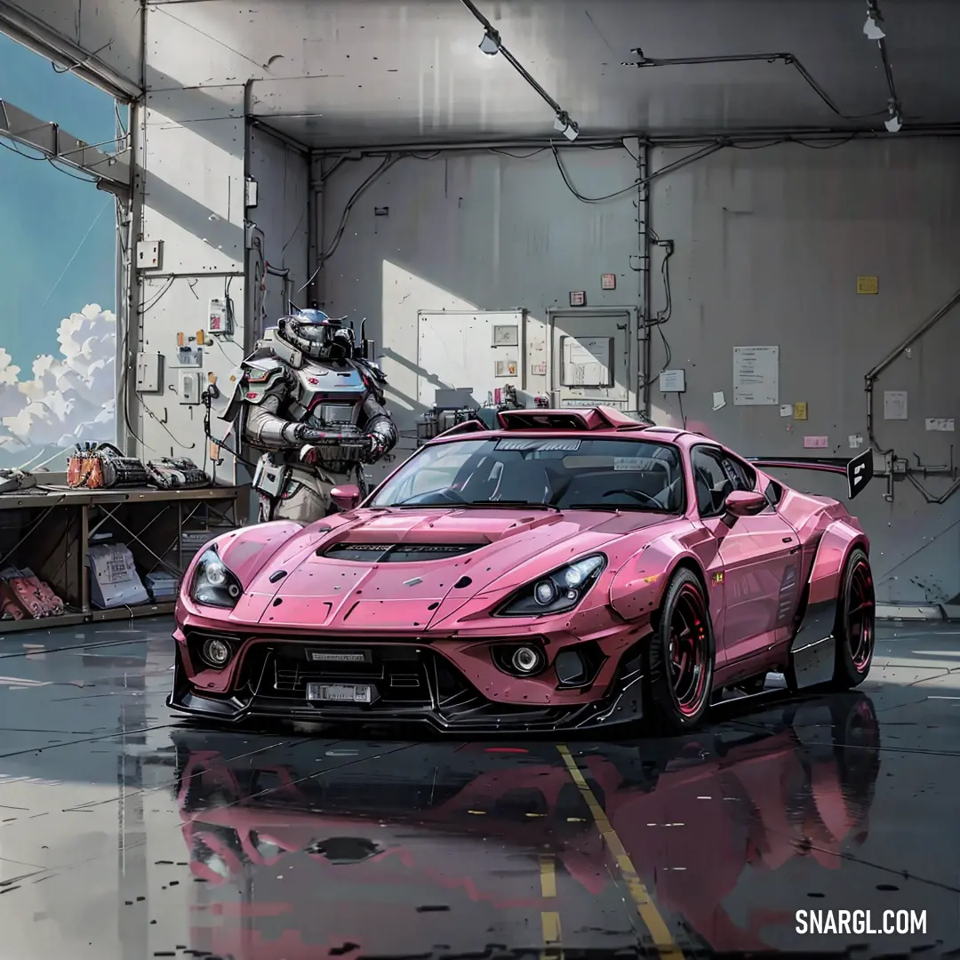Pink sports car parked in a garage with a robot in the background. Color Cotton candy.