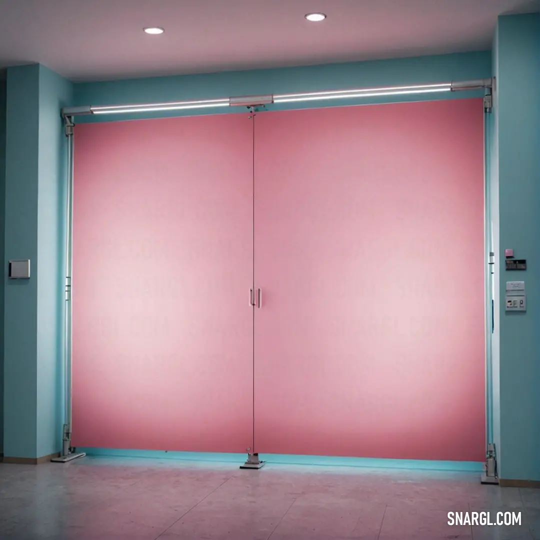 Cotton candy color example: Pink wall with a blue door and a light blue wall behind it