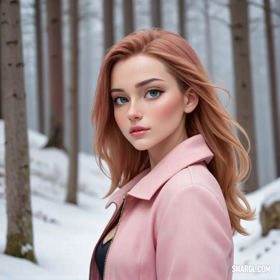 Woman with long hair standing in the snow in a pink coat and black top. Color #FFBCD9.