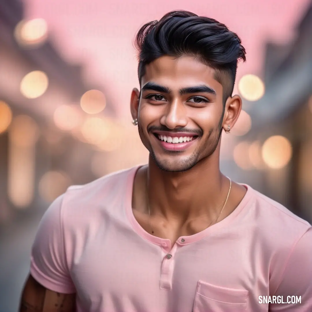 Cotton candy color. Man with a pink shirt and a smile on his face