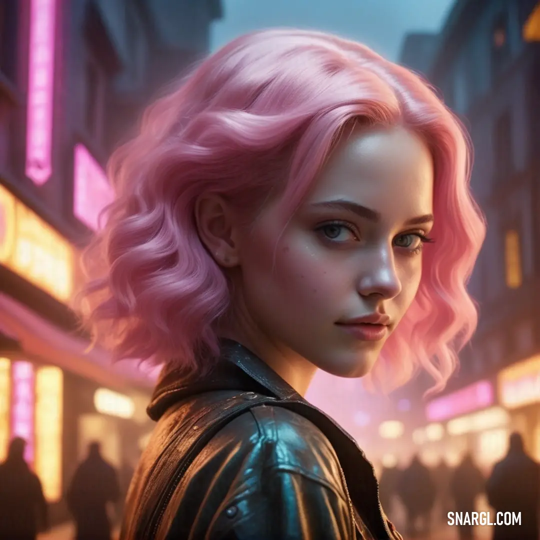 Woman with pink hair and a leather jacket on a city street at night with neon lights in the background. Color RGB 255,188,217.