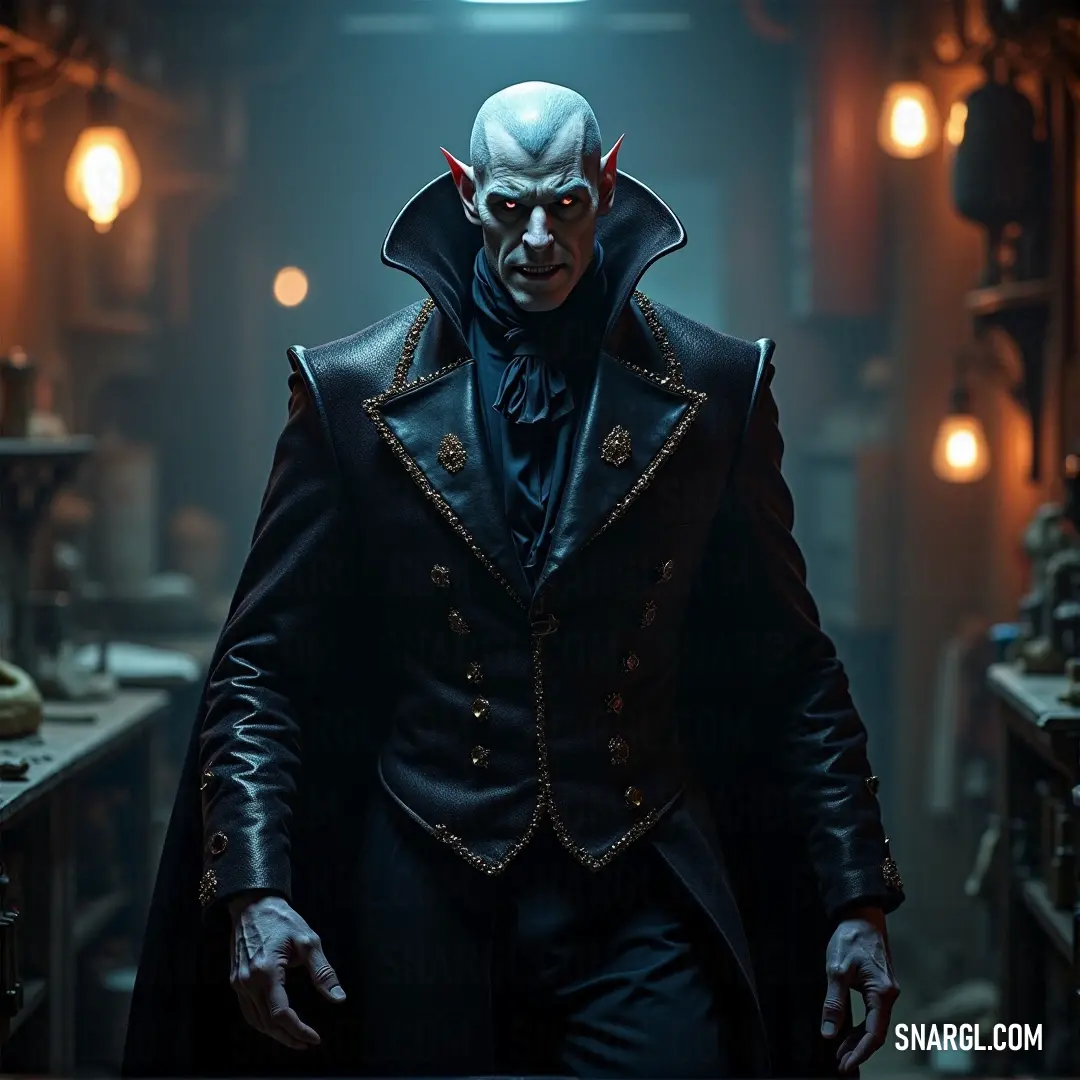 A figure in a black suit and white mask stands in a dark room, illuminated by overhead lights, creating an eerie and mysterious mood. A figure in a black suit and white mask stands in a dimly lit room. The soft glow of overhead lights highlights their eerie presence, casting long shadows across the table and creating a tense, unsettling atmosphere.