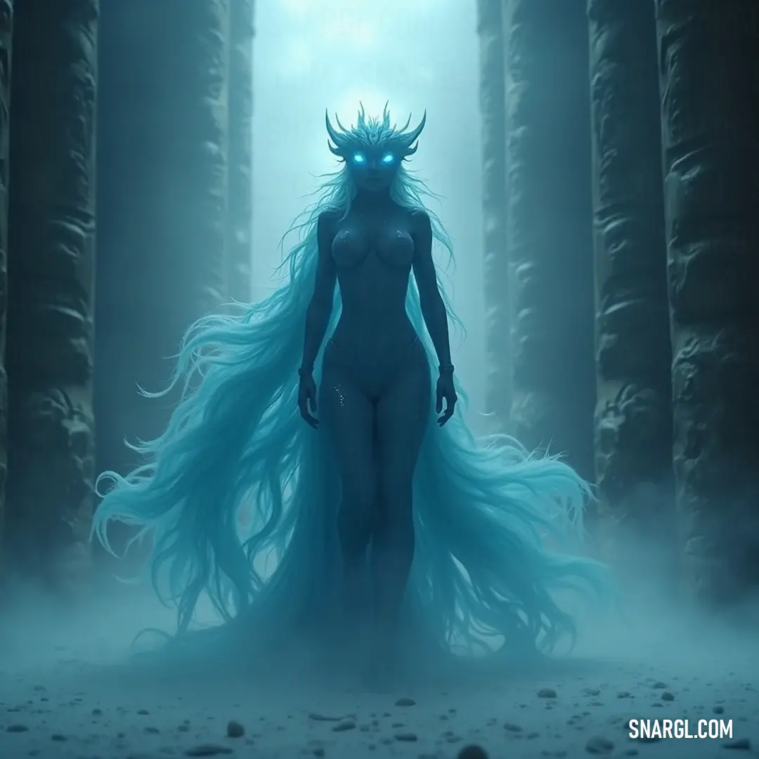 Intriguing portrayal of Coventina in a fog-laden forest, long hair cascading, framed by ancient trees shrouded in mystique. A captivating figure of Coventina, with flowing locks and a striking demon mask, emerges from an enchanting forest, where twisted trees loom and tendrils of fog weave through the air, creating an aura of intrigue.