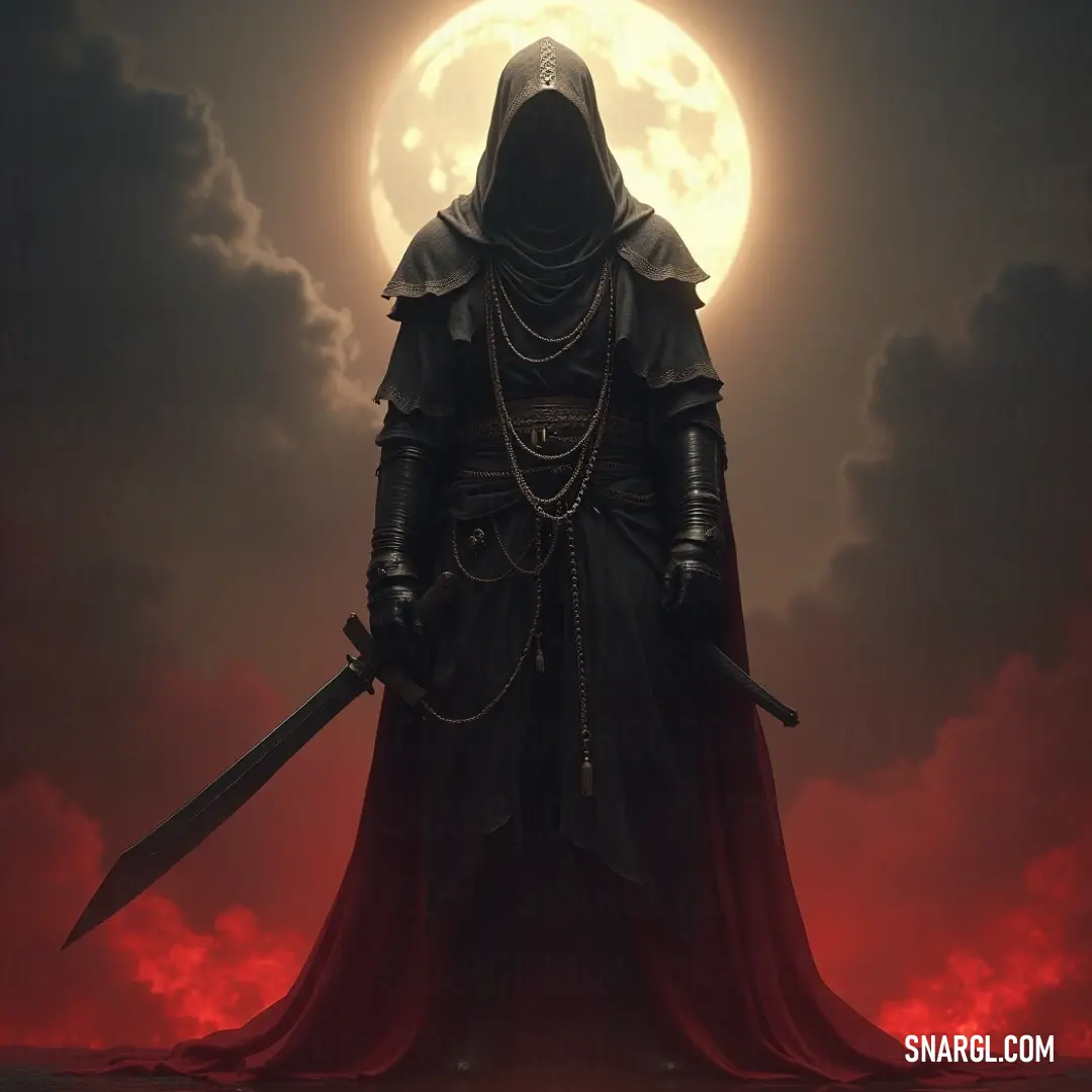 The Coventry Ghost, poised with a sword in front of a hauntingly beautiful full moon, emerges from shadowy clouds illuminated by an unsettling red glow. A spectral ghost captured in motion, garbed in a hooded suit with sword in hand, stands against a glowing full moon, surrounded by ominous clouds engulfed in a blood-red hue.