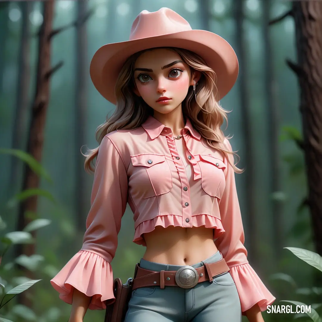 Girl in a pink shirt and hat in a forest with trees and bushes behind her is looking at the camera