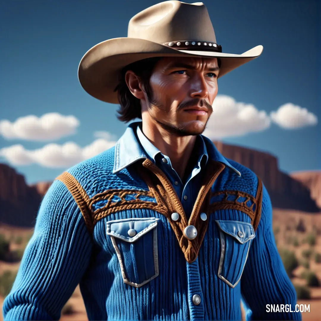 Man in a cowboy hat and blue shirt in a desert setting with mountains in the background and clouds in the sky