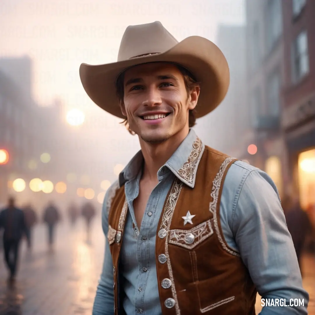 Man in a cowboy hat is smiling for the camera while standing on a street corner in the rain