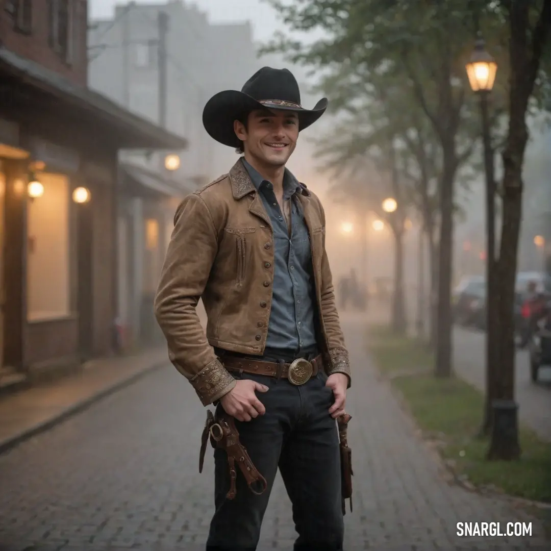 Man in a cowboy hat and jacket standing on a street corner with a light on behind him