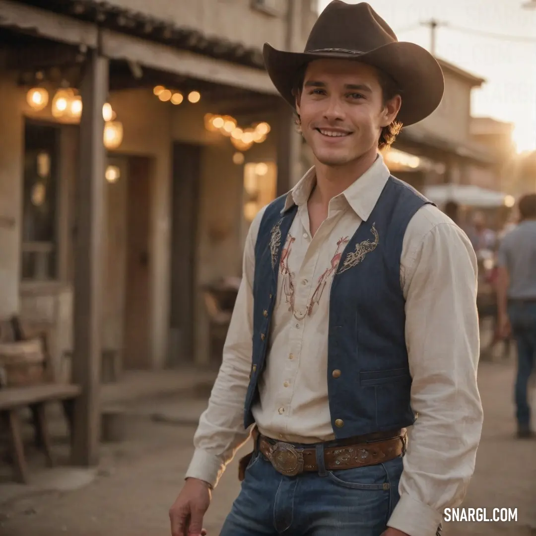 Man in a cowboy hat is standing in front of a building with people walking around it and a bench