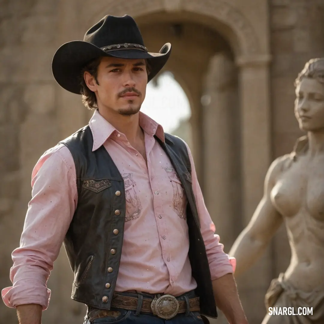 Man in a cowboy hat and vest standing next to a statue of a woman in a pink shirt