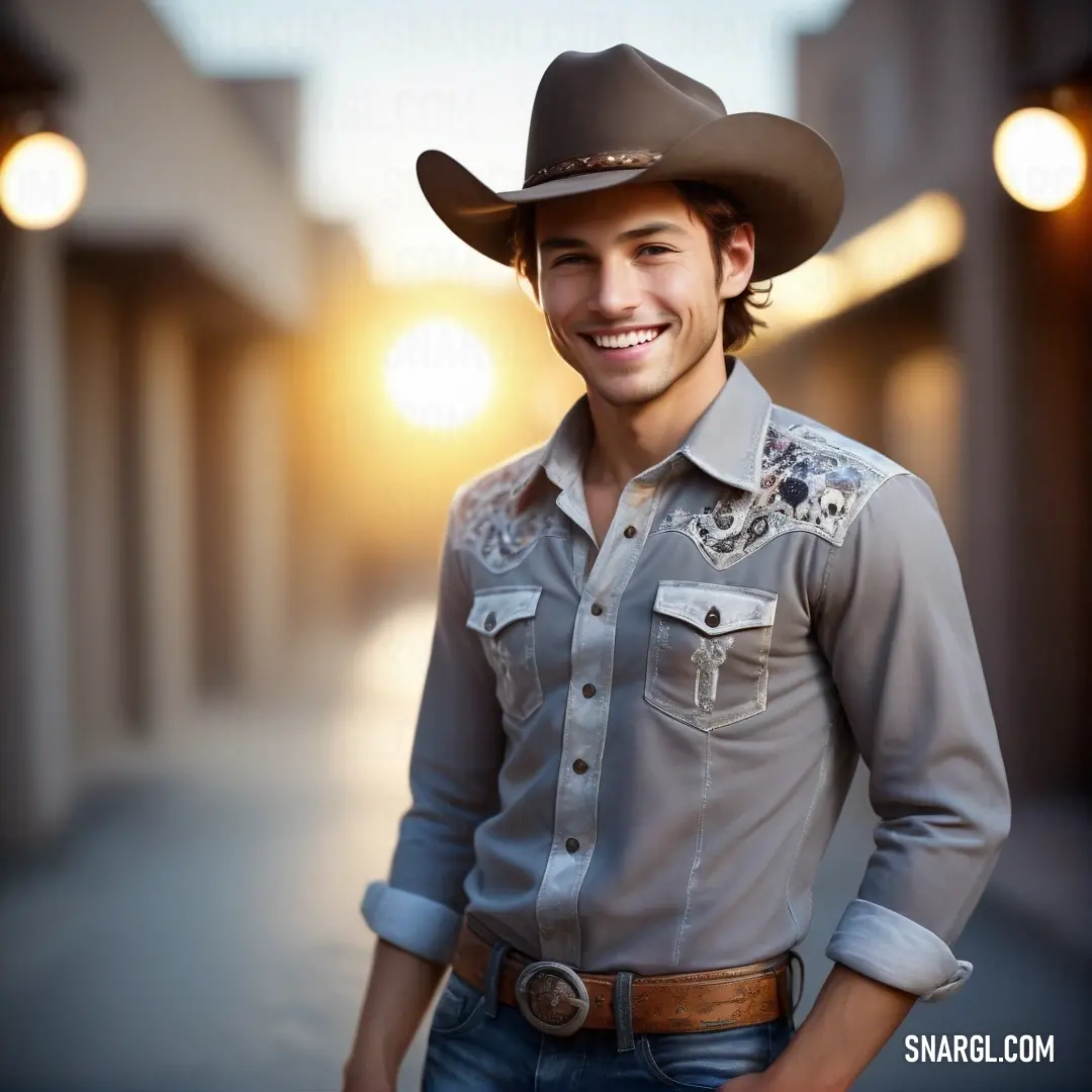 Man in a cowboy hat is smiling for the camera while standing in a street with a building in the background