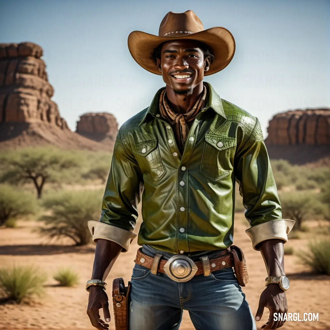 Man in a cowboy hat and green shirt standing in the desert with his hands in his pockets and smiling