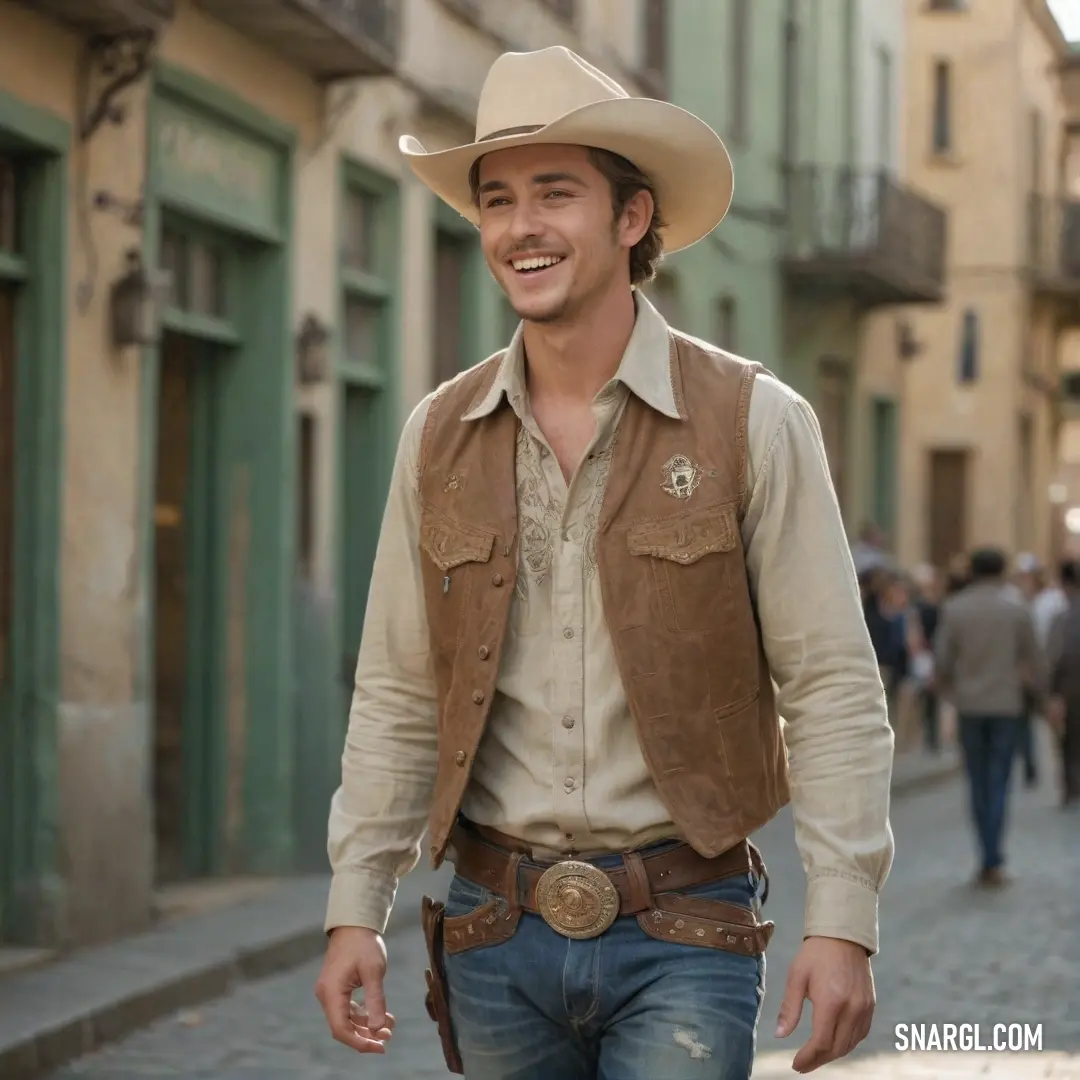 Man in a cowboy hat and vest walking down a street with people walking by on the sidewalk and buildings