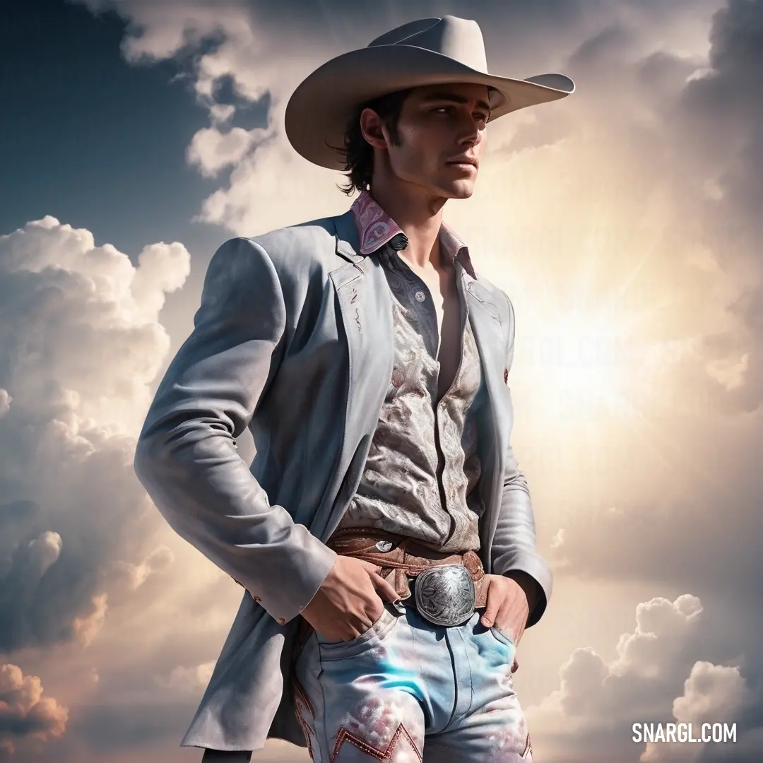 Man in a cowboy hat and suit with a microphone in his hand and clouds in the background