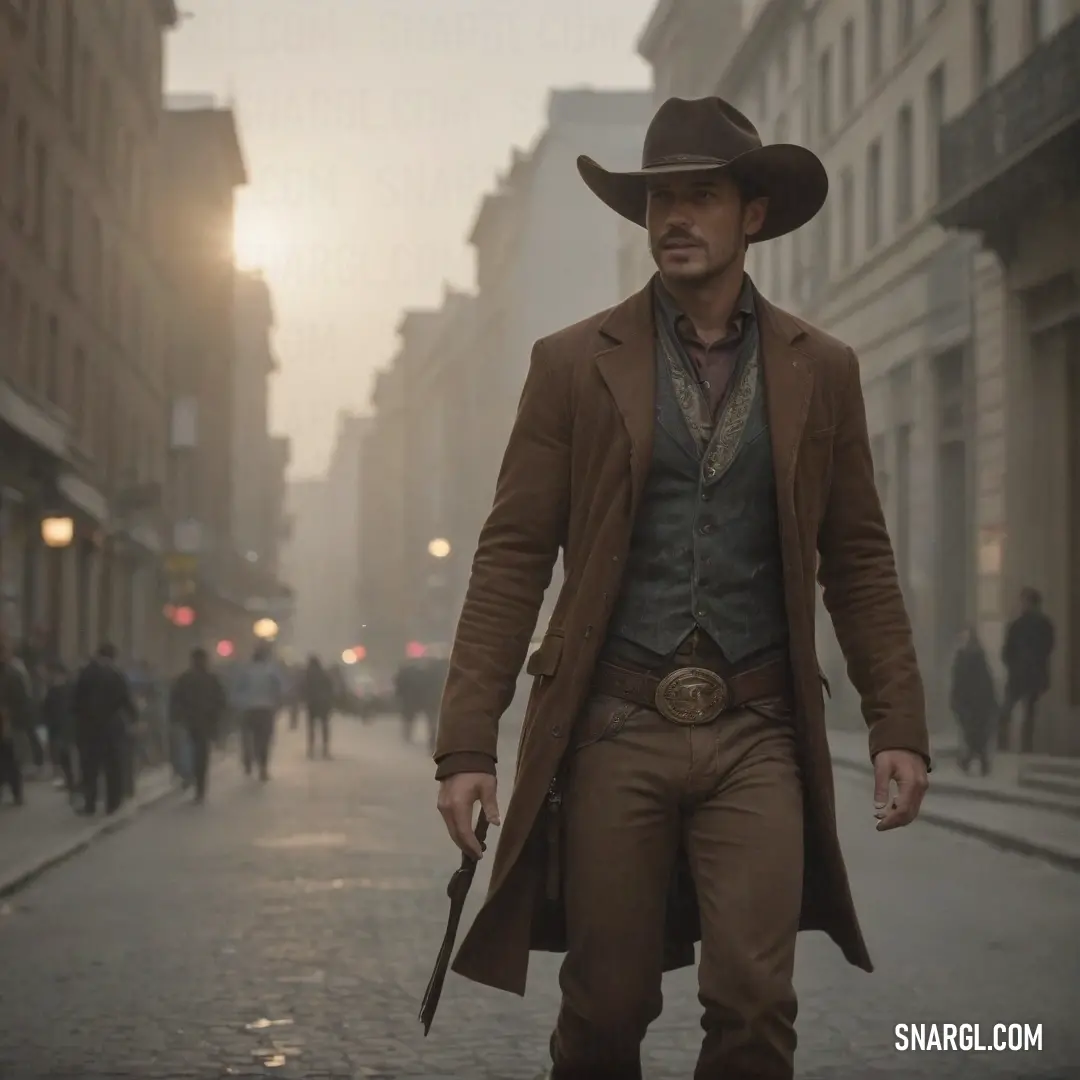 Man in a cowboy hat and coat walking down a street with a gun in his hand