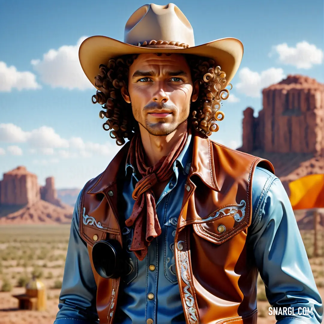 Man in a cowboy hat and a leather vest with a camera in his hand and a desert landscape in the background