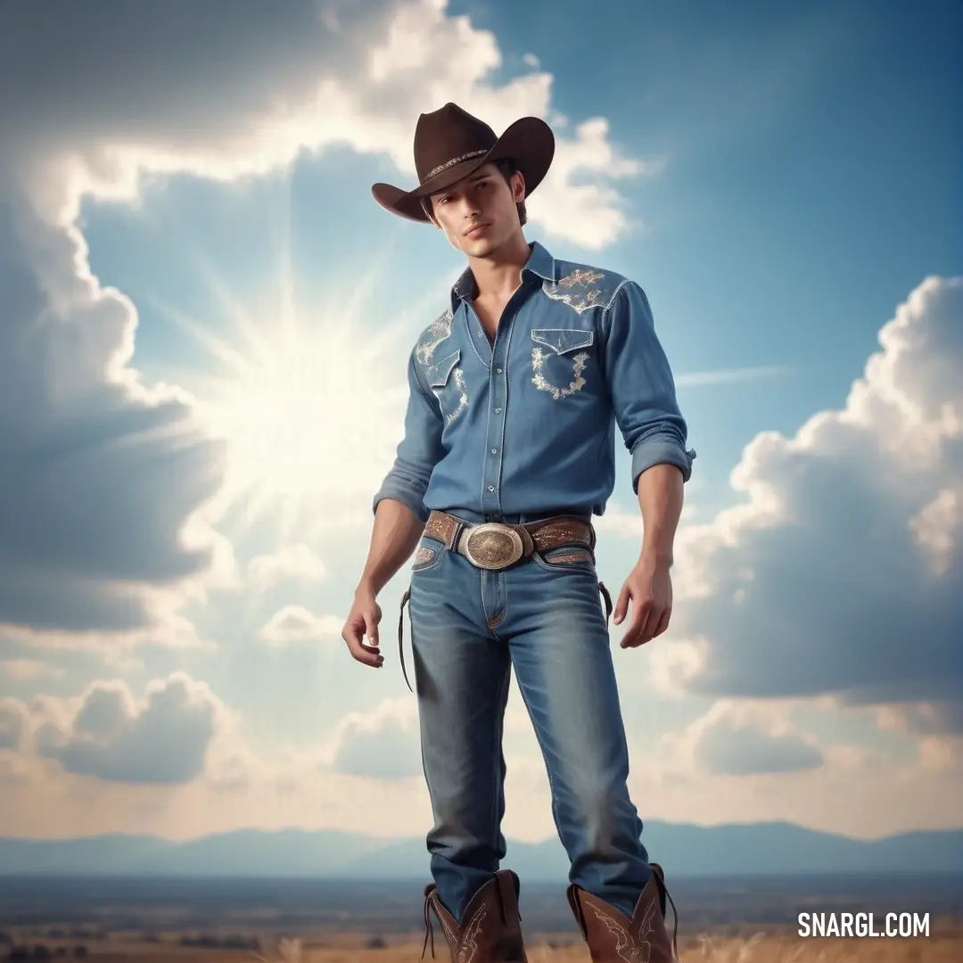 Man in a cowboy hat and jeans standing in a field with a sky background