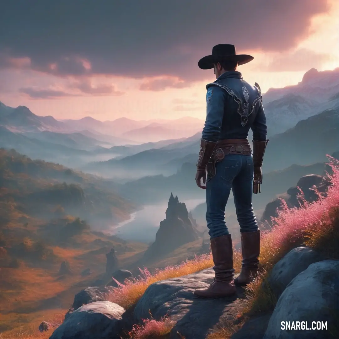 Man in a cowboy hat standing on a hill looking at the mountains and hills below him with a sunset