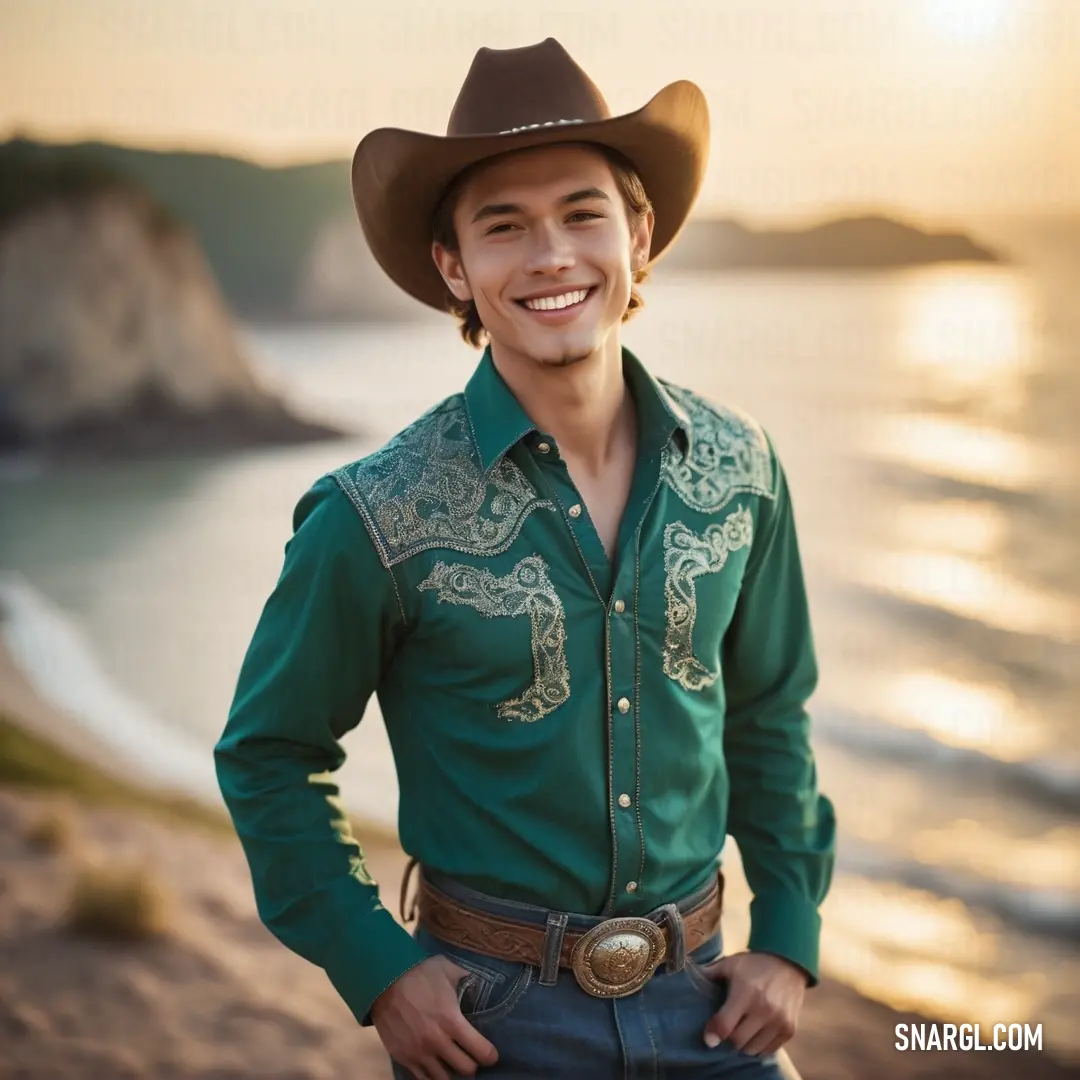 Man in a cowboy hat standing on a beach near the ocean with his hands in his pockets and smiling