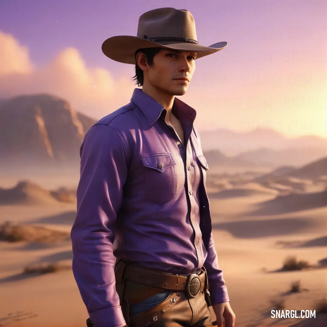 Man in a cowboy hat standing in the desert with a desert landscape in the background