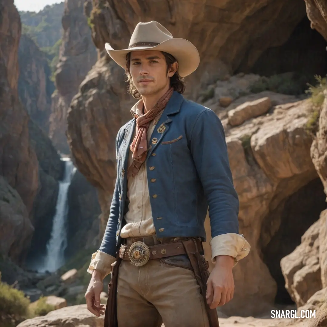 Man in a cowboy hat standing in front of a waterfall in a canyon
