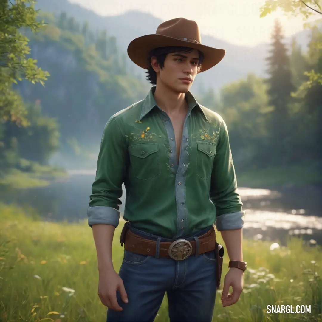 Man in a cowboy hat standing in a field of grass and trees with a river in the background