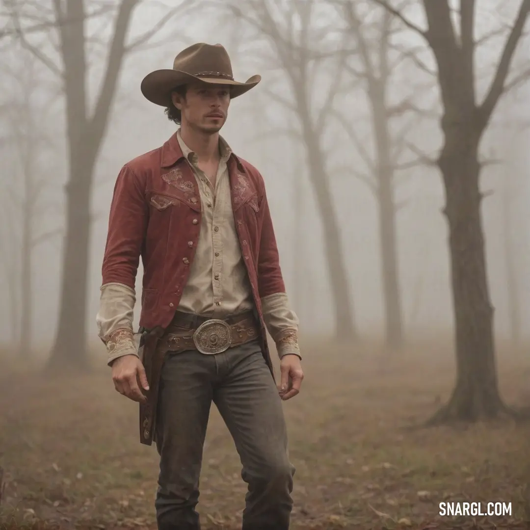 Man in a cowboy hat standing in a forest with trees in the background