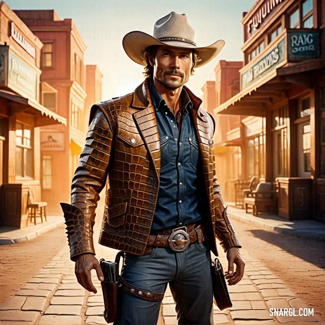 Man in a cowboy outfit holding a gun in a town street with buildings and a sign that says