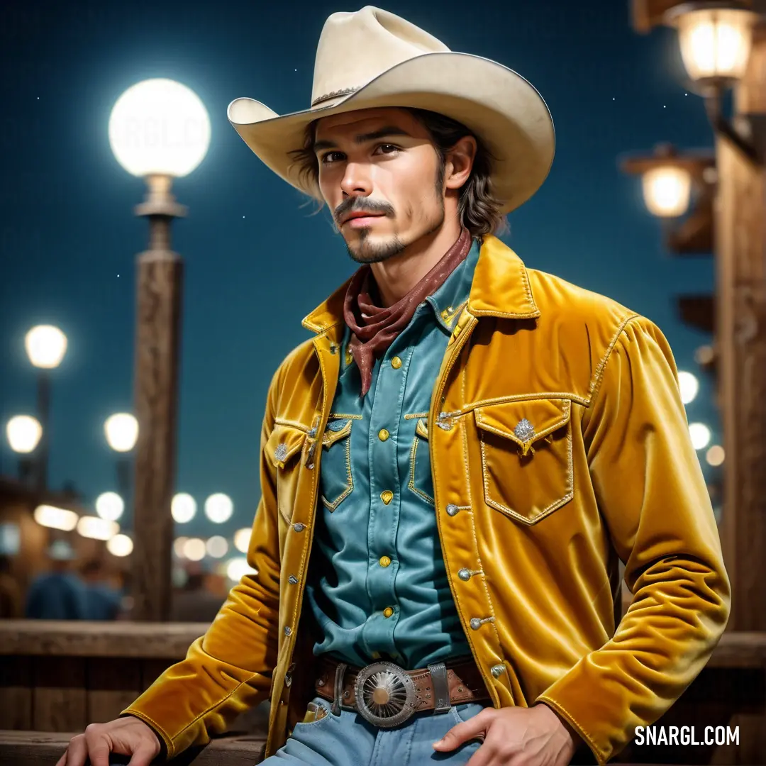 Man in a cowboy outfit is posing for a picture at night with a street light in the background