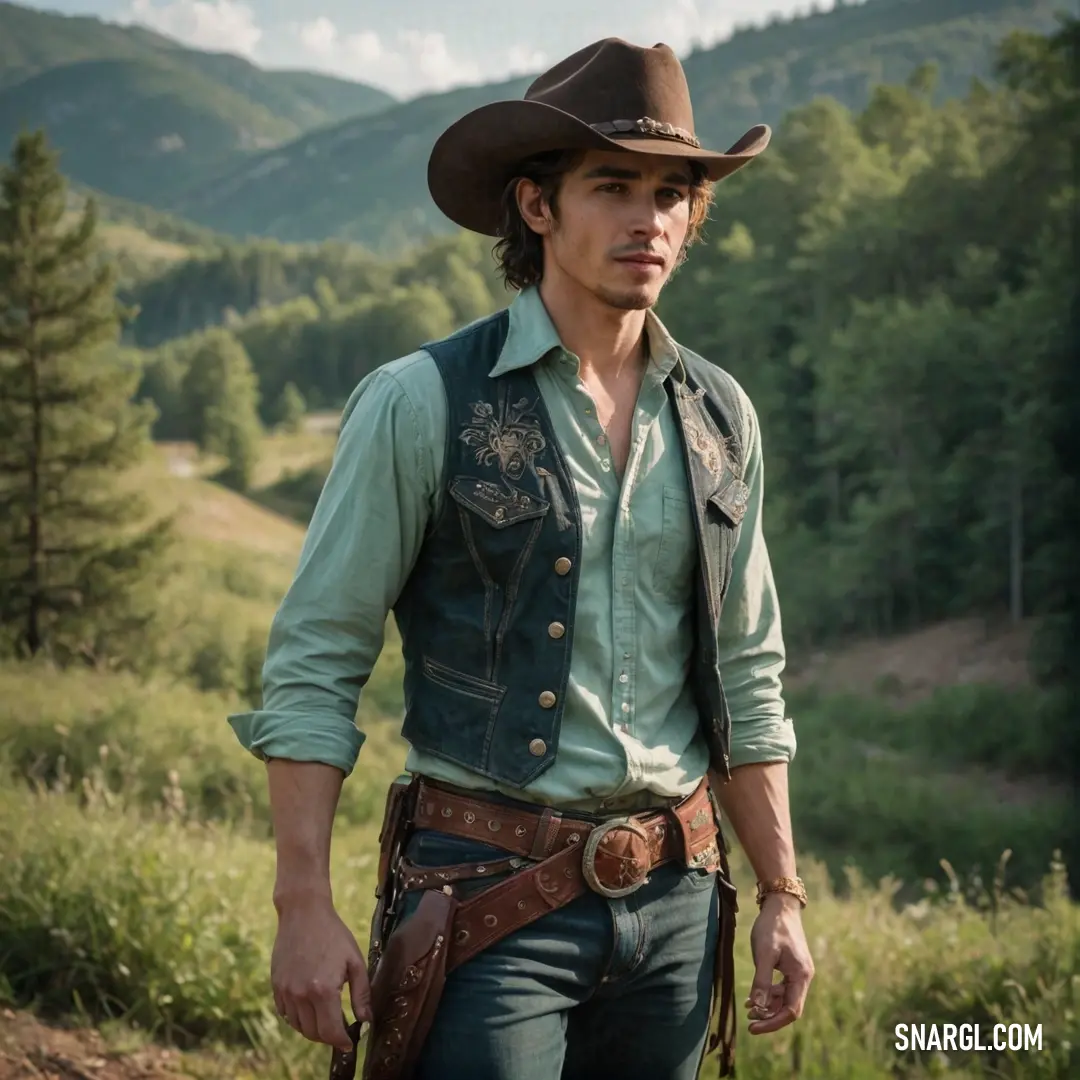 Man in a cowboy outfit is standing in a field with a mountain in the background