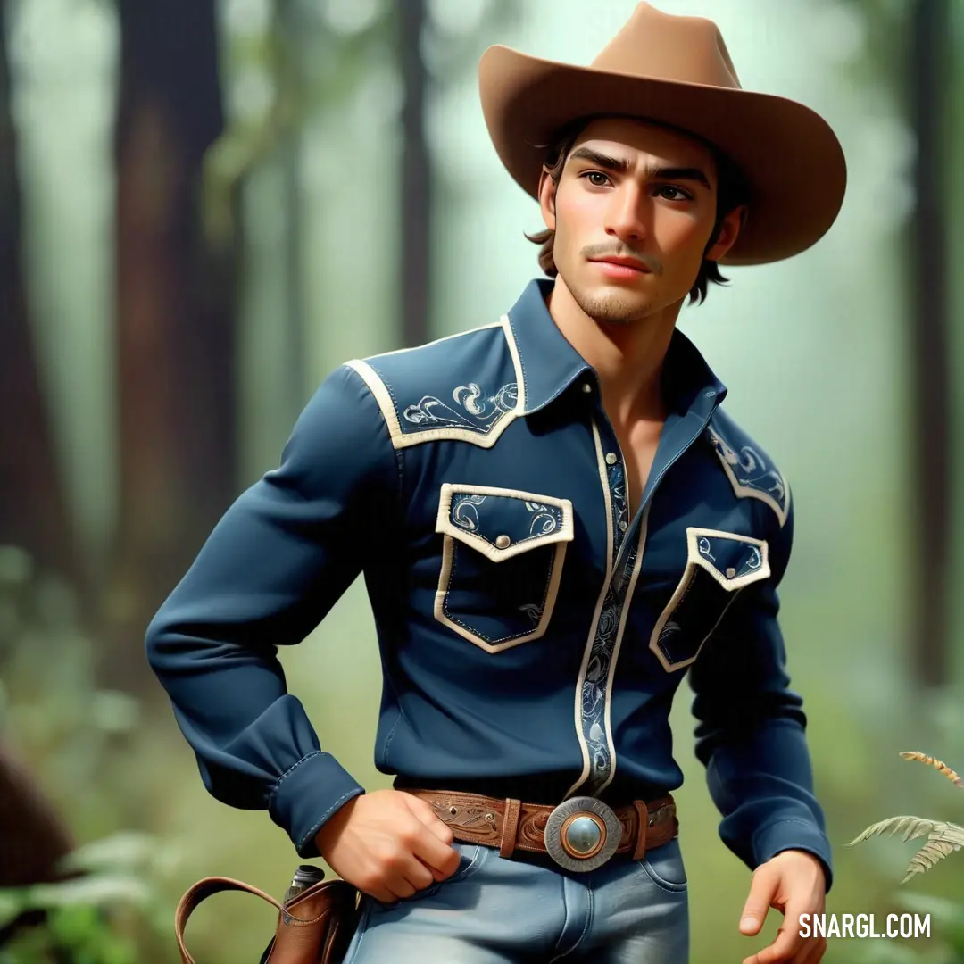 Man in a cowboy outfit standing in the woods with his hands on his hips and a hat on his head