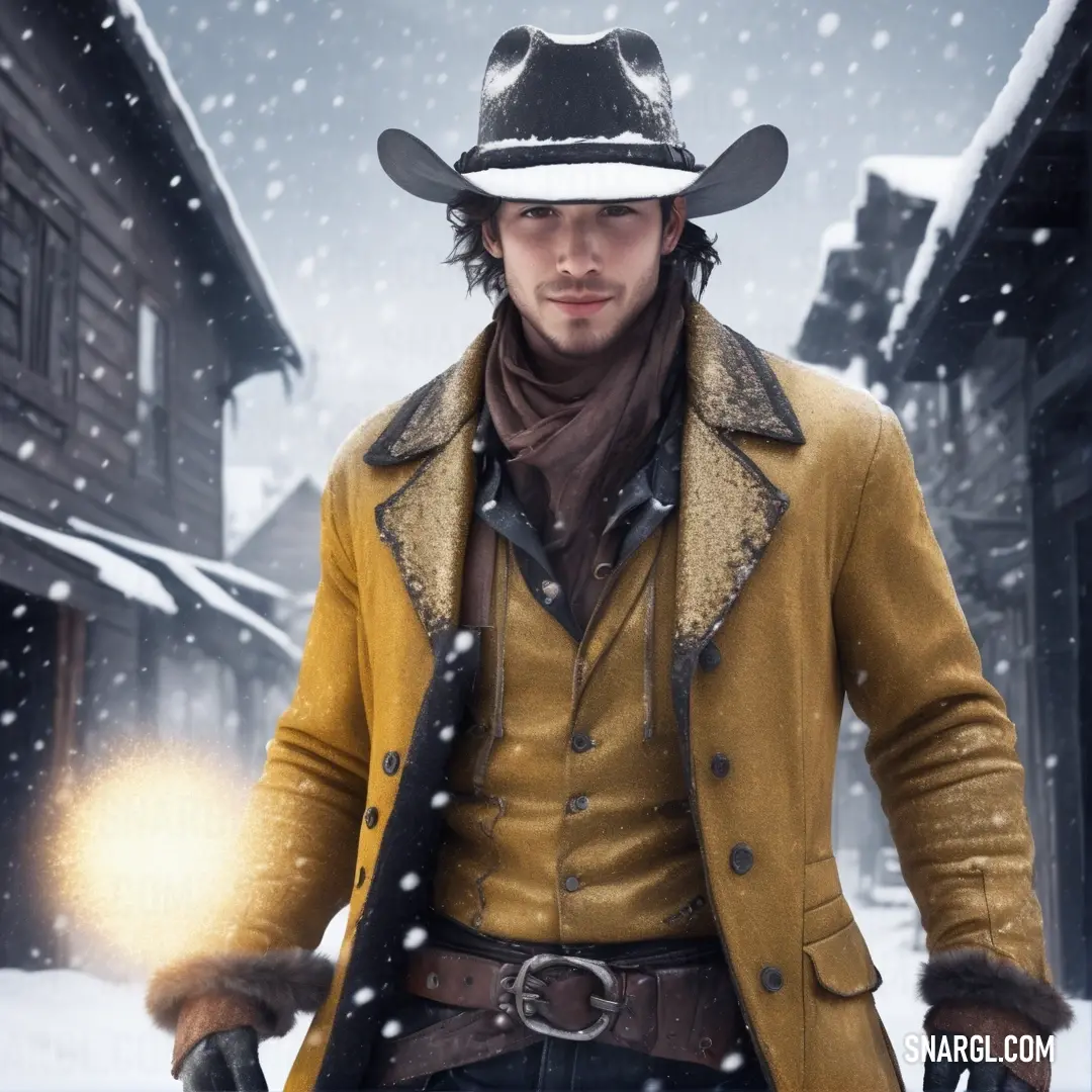 Man in a hat and coat holding a gun in the snow with a house in the background