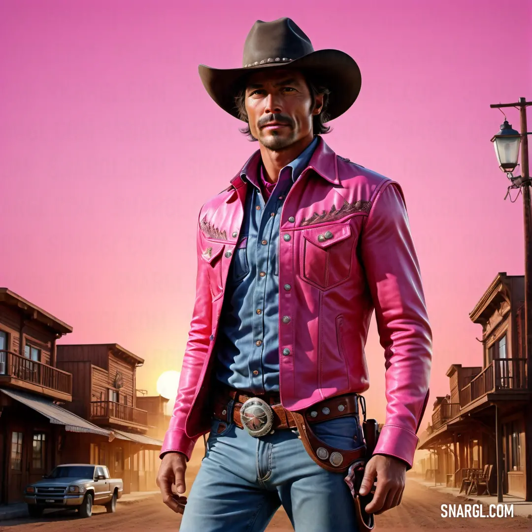 Man in a pink jacket and cowboy hat standing in the middle of a street