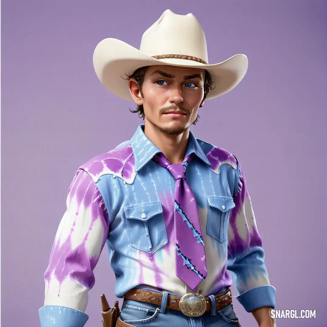 Man in a tie dye shirt and cowboy hat poses for a picture in a studio environment with a purple background