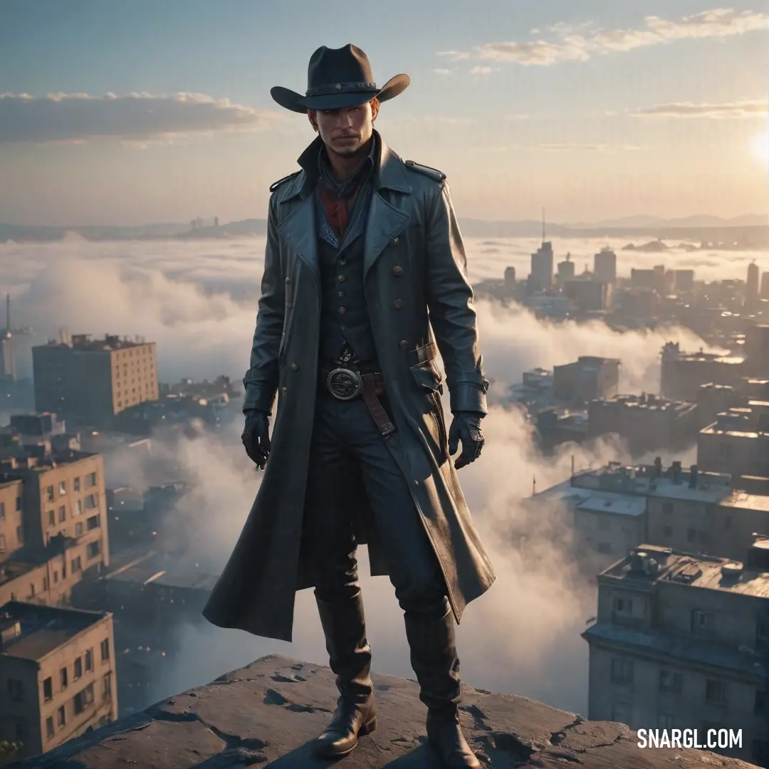 Man in a trench coat and hat standing on a ledge with a city in the background