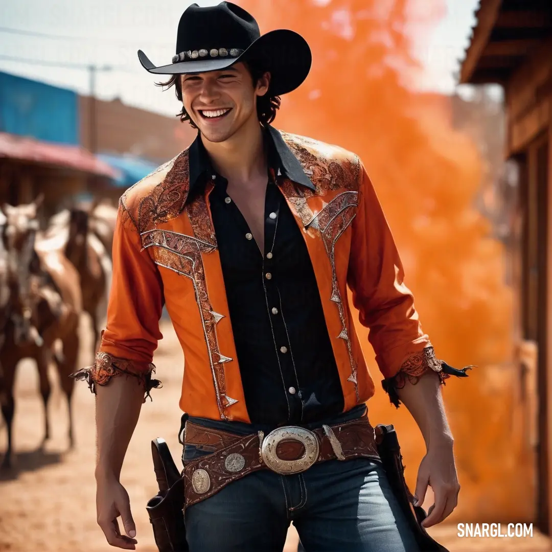 Man in an orange shirt and cowboy hat smiles while holding a gun in his hand and a horse in the background