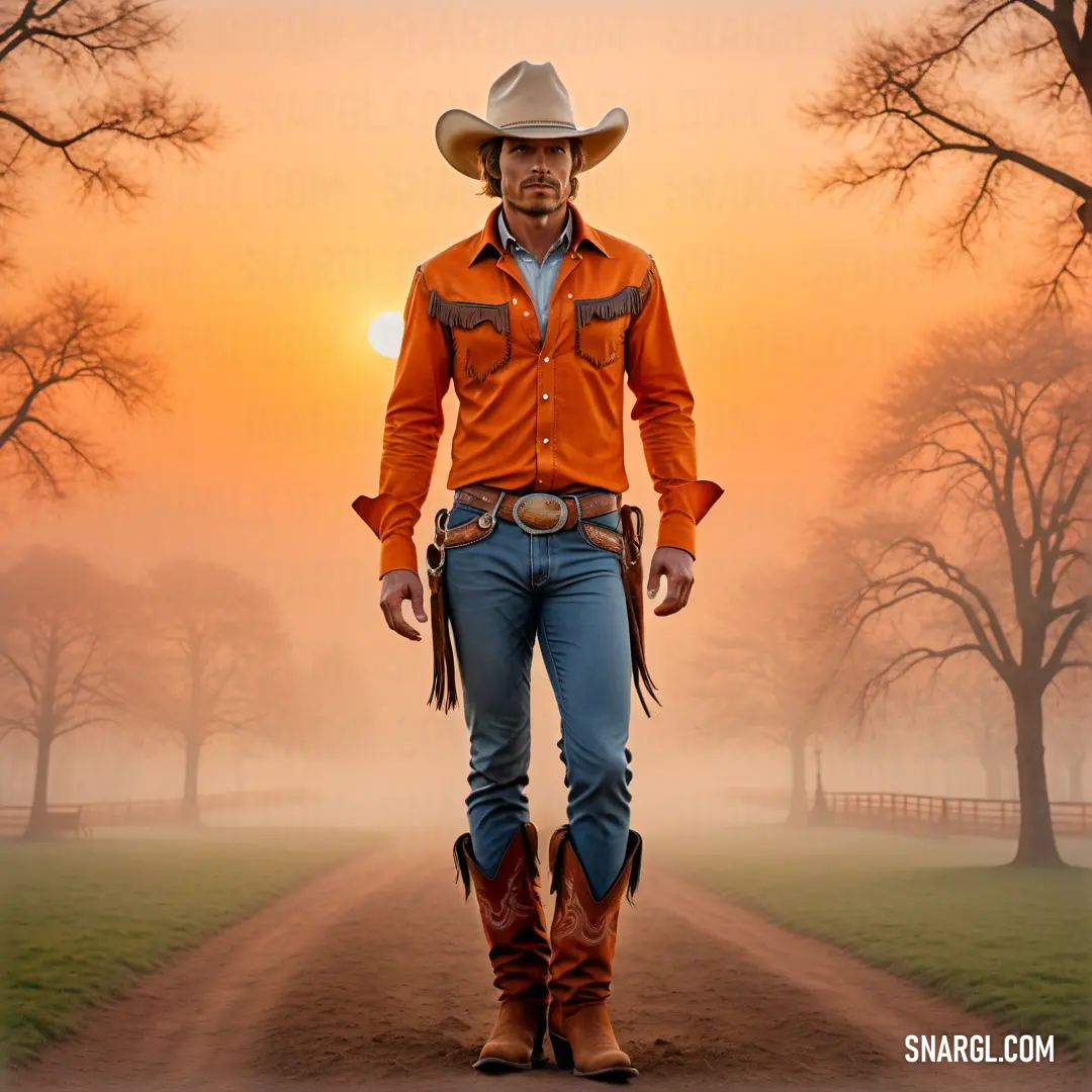 Man in an orange shirt and cowboy hat standing on a dirt road with trees in the background and a sunset