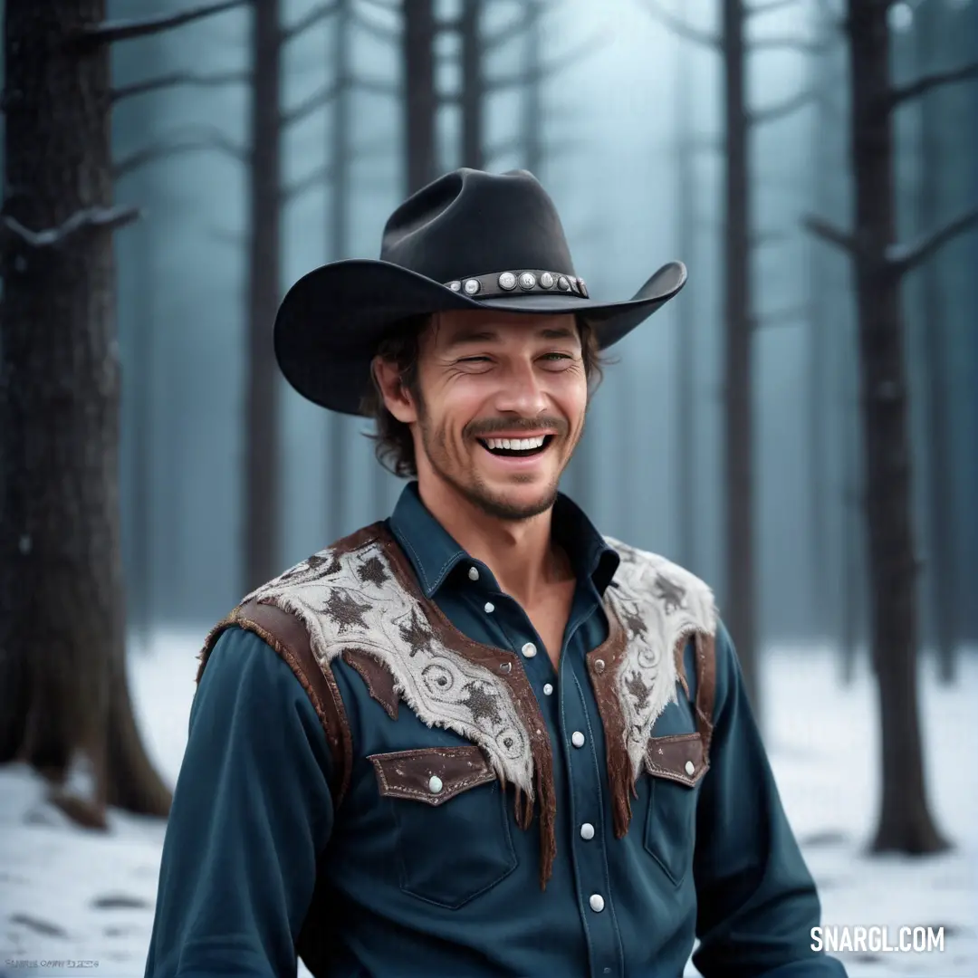 Man wearing a cowboy hat and smiling for the camera in the woods with snow on the ground and trees