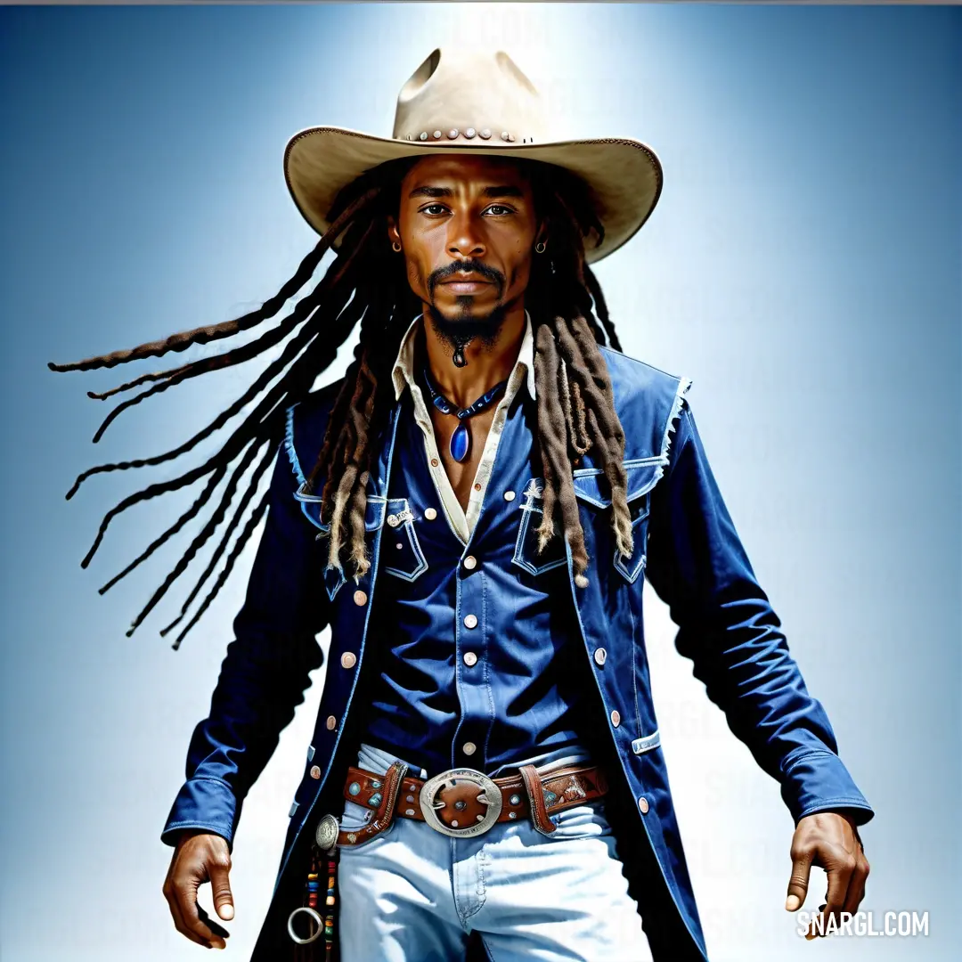 Man with dreadlocks and a cowboy hat on his head and a blue shirt on his shirt