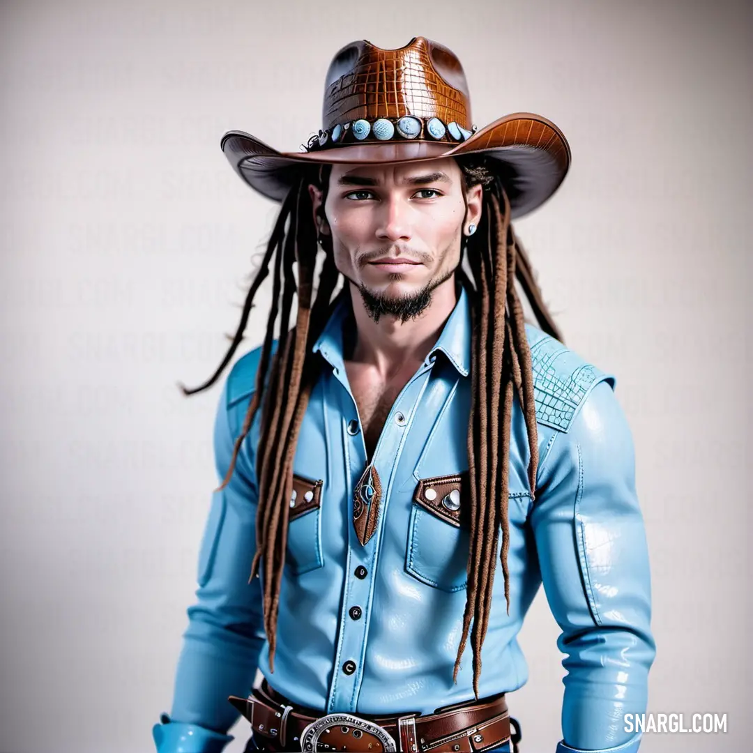 Man with dreadlocks and a cowboy hat on posing for a picture in a studio setting with a white background