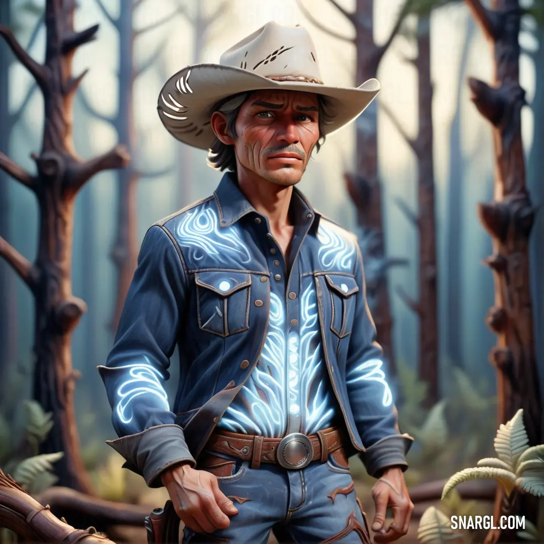 Painting of a man in a cowboy outfit standing in a forest with trees and plants in the background