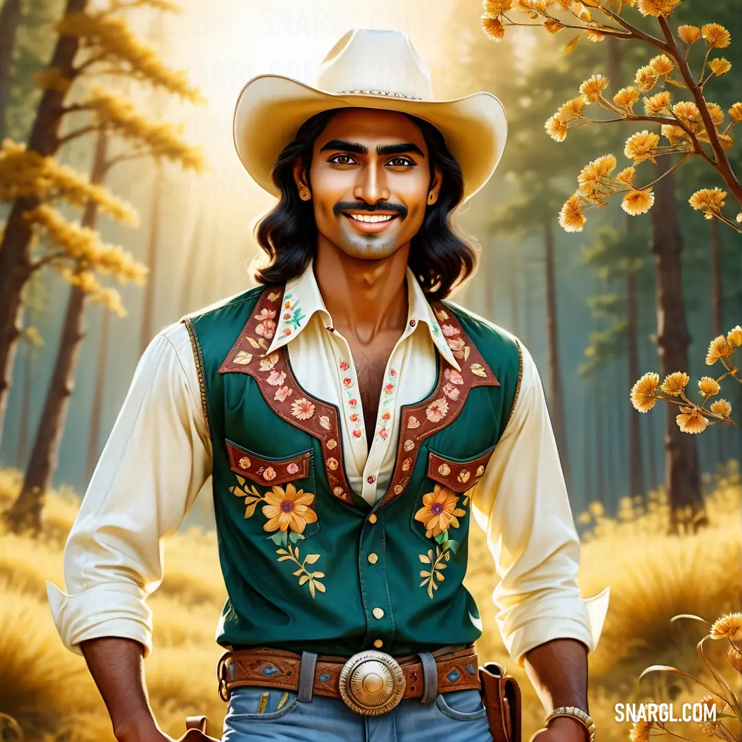 Painting of a man in a cowboy outfit and a hat with a flowered shirt on and a flowered shirt on