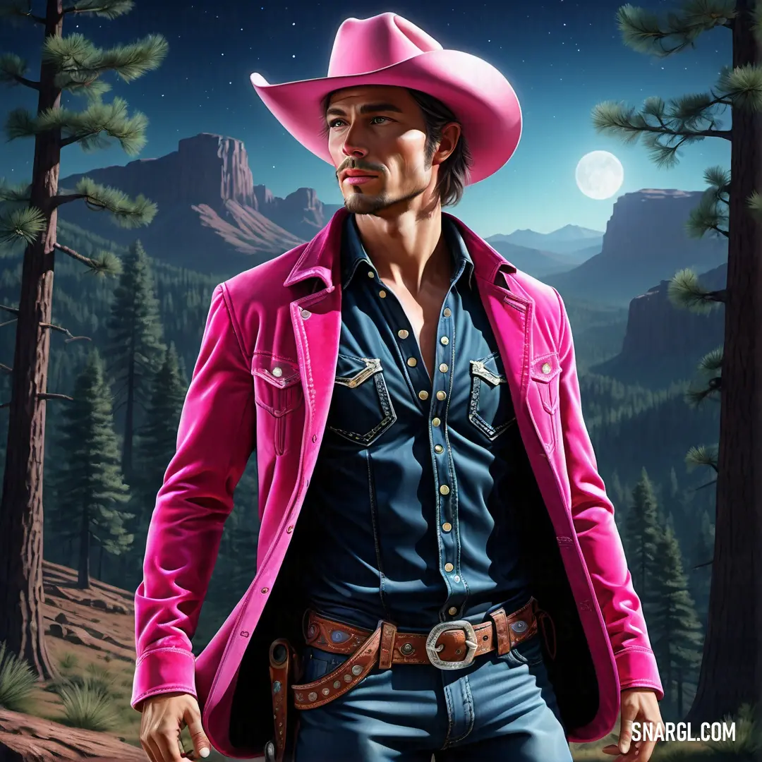 Painting of a man in a pink jacket and cowboy hat with a pink jacket on and a mountain in the background